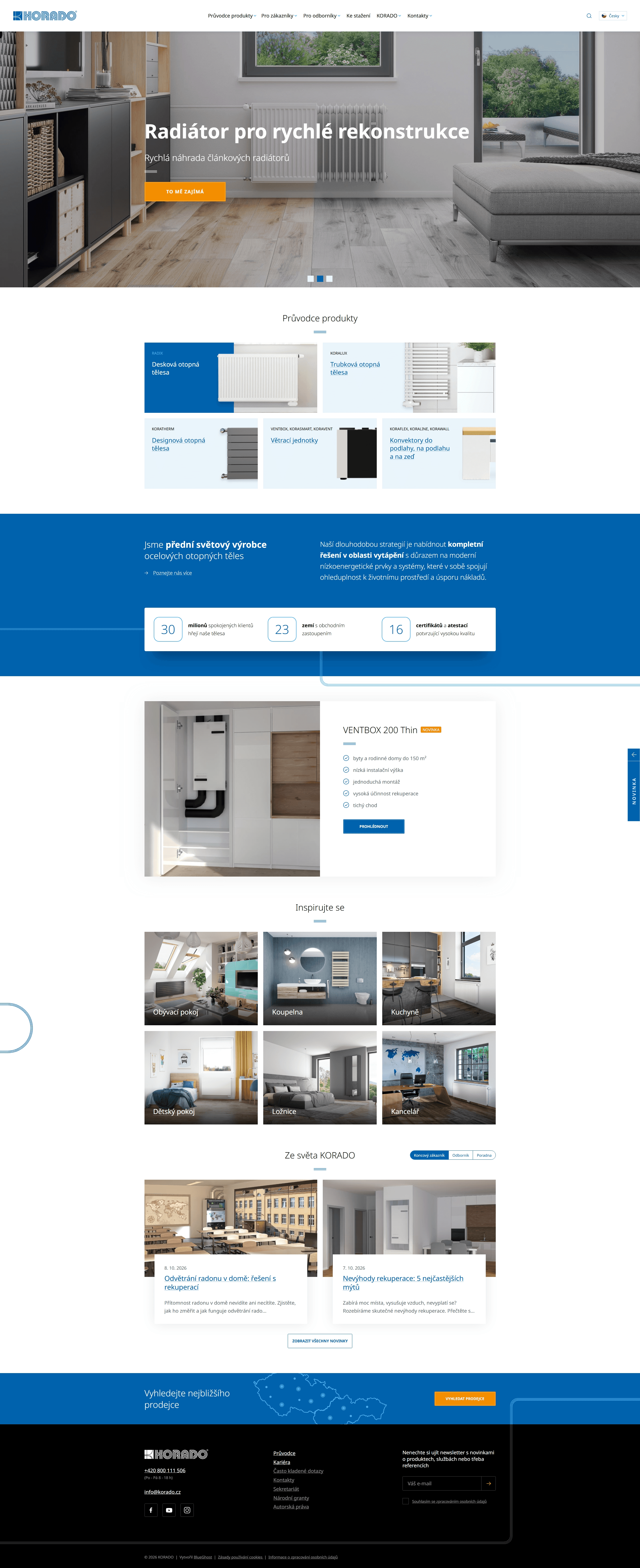 Redesigned Korado homepage with a top navigation, a large radiator photo banner, a product guide of six categories, company figures, inspiration by room and news