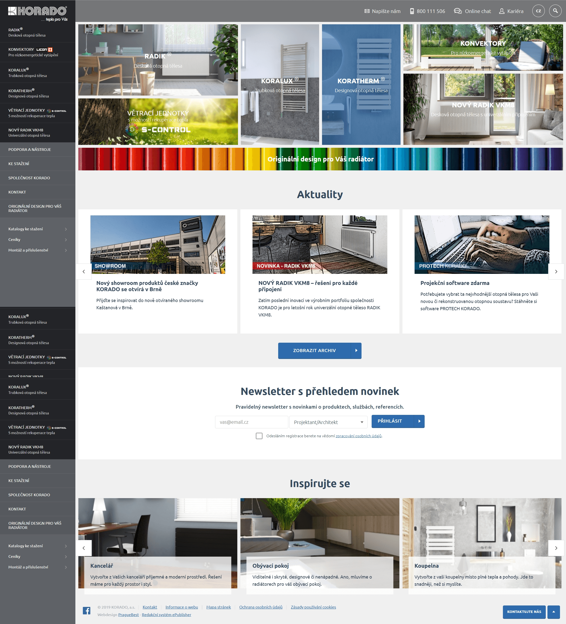 Previous Korado homepage with a dark sidebar menu of product lines, large photo tiles for RADIK, KORALUX, KORATHERM, convectors and ventilation units, a news carousel and a newsletter form