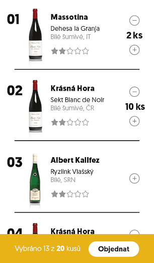 List of wines with star ratings, quantity controls and an order button