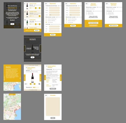 Overview of the mobile wireframes for the wine tasting web app